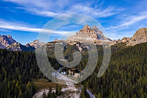 Aerial drone view of Lake Antorno Lago di Antorno located in Dolomites area, Belluno Province, Italy. Lake Antorno, Three Peaks