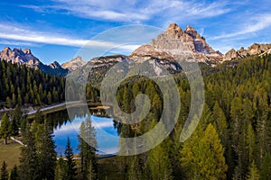 Aerial drone view of Lake Antorno (Lago di Antorno) located in Dolomites area, Belluno Province, Italy. Lake Antorno, Three Peaks