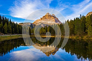 Aerial drone view of Lake Antorno (Lago di Antorno) located in Dolomites area, Belluno Province, Italy. Lake Antorno, Three Peaks