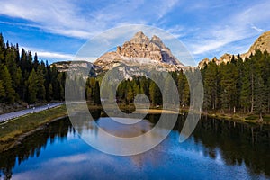 Aerial drone view of Lake Antorno Lago di Antorno located in Dolomites area, Belluno Province, Italy. Lake Antorno, Three Peaks