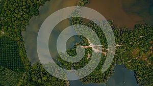 Aerial drone view of lake scenery at Tasik Biru Chinchin, Jasin, Melaka, Malaysia