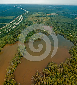 Aerial drone view of lake scenery at Tasik Biru Chinchin, Jasin, Melaka, Malaysia