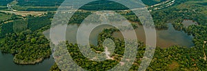 Aerial drone view of lake scenery at Tasik Biru Chinchin, Jasin, Melaka, Malaysia