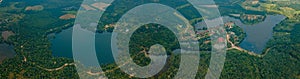 Aerial drone view of lake scenery at Tasik Biru Chinchin, Jasin, Melaka, Malaysia