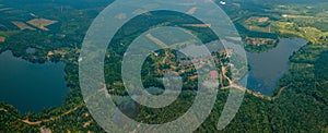 Aerial drone view of lake scenery at Tasik Biru Chinchin, Jasin, Melaka, Malaysia