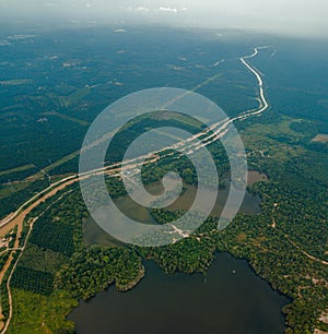 Aerial drone view of lake scenery at Tasik Biru Chinchin, Jasin, Melaka, Malaysia