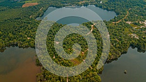 Aerial drone view of lake scenery at Tasik Biru Chinchin, Jasin, Melaka, Malaysia