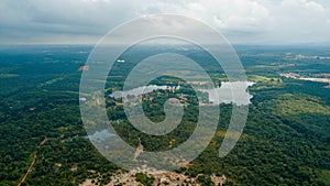 Aerial drone view of lake scenery at Tasik Biru Chinchin, Jasin, Melaka, Malaysia