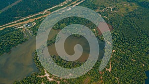 Aerial drone view of lake scenery at Tasik Biru Chinchin, Jasin, Melaka, Malaysia