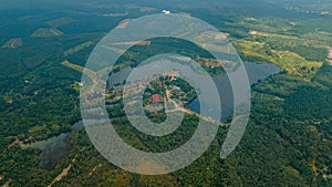 Aerial drone view of lake scenery at Tasik Biru Chinchin, Jasin, Melaka, Malaysia