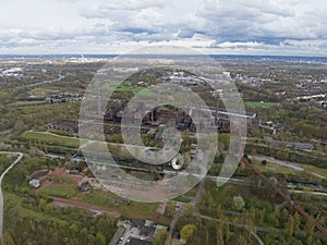 Aerial drone view on Landschaftspark Duisburg north industrial heritage now turned in recreational area, urban oasis photo