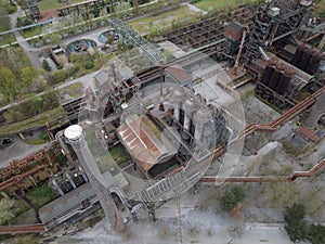 Aerial drone view on Landschaftspark Duisburg north industrial heritage now turned in recreational area, urban oasis photo