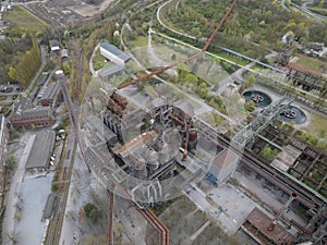 Aerial drone view on Landschaftspark Duisburg north industrial heritage now turned in recreational area, urban oasis photo