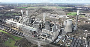 Aerial drone view of a large old power plant in Germany.