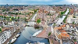 Aerial drone view of Leiden town cityscape from above, typical Dutch city skyline with canals and houses, Holland, Netherlands photo