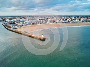 Aerial drone view of lighthouse in Les Sables d\'0lonne, France