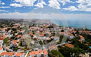 Aerial drone view looking east towards Estoril in Lisbon Region, Portugal