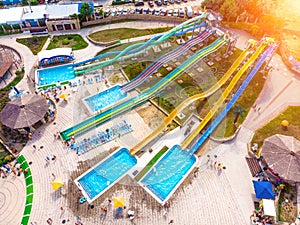 Aerial drone view looking straight down from above colorful summer time fun at water park