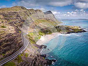 Makapuu Point Beach Seascape aerial view and highway photo