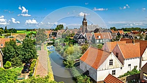 Aerial drone view of Marken island, traditional fisherman village, typical Dutch landscape, North Holland, Netherlands