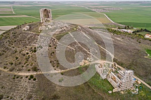 Aerial drone view of the medieval ruins in Mota del Marques, Valladolid. Spain