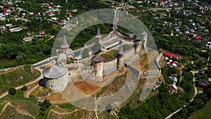 Aerial Drone View of Medival Fortress Castle in historic city of Kamianets-Podilskyi, Ukraine.
