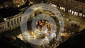 Aerial drone view of Mihai Eminescu square with Christmas decorations. Chisinau