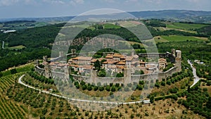 Aerial Drone view of Monteriggioni Castle in Tuscany, Italy