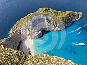 Aerial drone view of Navagio beach on Zakynthos island, Greece. Shipwreck Beach or Agios Georgios. is exposed cove in the Ionian