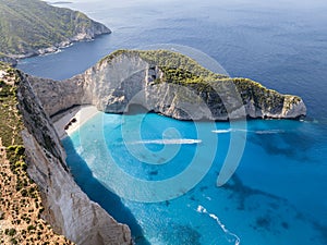 Aerial drone view of Navagio beach on Zakynthos island, Greece. Shipwreck Beach or Agios Georgios. is exposed cove in the Ionian