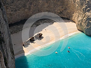 Aerial drone view of Navagio beach on Zakynthos island, Greece. Shipwreck Beach or Agios Georgios. is exposed cove in the Ionian
