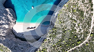 Aerial drone view of Navagio beach on Zakynthos island, Greece. Shipwreck Beach or Agios Georgios on Islands of Greece