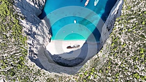 Aerial drone view of Navagio beach on Zakynthos island, Greece. Shipwreck Beach or Agios Georgios on Islands of Greece