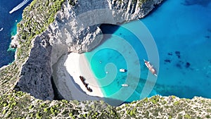 Aerial drone view of Navagio beach on Zakynthos island, Greece. Shipwreck Beach or Agios Georgios on Islands of Greece