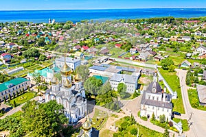 Aerial drone view of Nikolsky monastery in Pereslavl Zalessky with church of the Forty Martyrs of Sebastia and lake Pleshcheyevo, photo