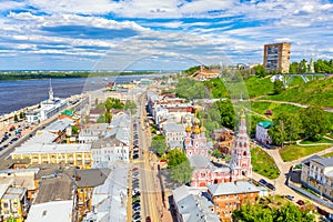 Aerial drone view of Nizhniy Novgorod city center with Volga embankment, Cathedral of the Blessed Virgin Mary Stroganoff church