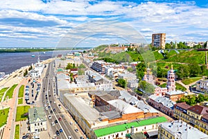 Aerial drone view of Nizhniy Novgorod city center with Volga embankment, Cathedral of the Blessed Virgin Mary Stroganoff church
