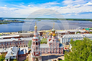 Aerial drone view of Nizhniy Novgorod city center with Volga embankment and Cathedral of the Blessed Virgin Mary Stroganoff church