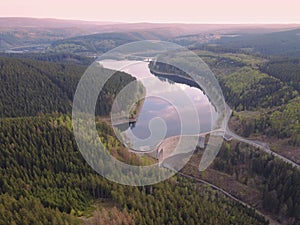 Aerial drone view of the Oker Dam in the forest of the Harz mountains in Lower Saxony, Germany.