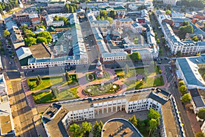 Aerial drone view of the old city center with Alexander Nevsky Chapel in summer of Yaroslavl, Russia