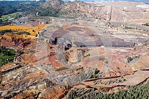 Aerial drone view of old copper and gold mining exploitation in Minas de Riotinto