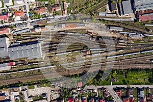 Aerial drone view of old locomotive train depo