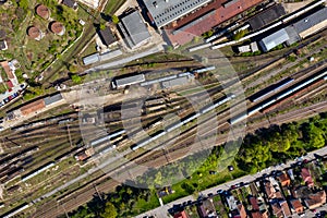 Aerial drone view of old locomotive train depo