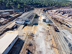 Aerial drone view of an old and rusty remains of the old copper mining exploitation