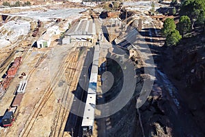 Aerial drone view of the old tourist train on a tour of the remains of the copper