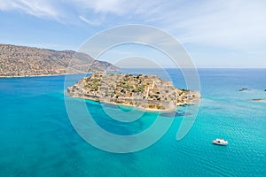 Aerial drone view of an old Venetian fortress island and former Leper colony. Spinalonga, Crete, Greece