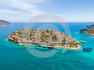 Aerial drone view of an old Venetian fortress island and former Leper colony. Spinalonga, Crete, Greece