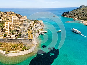 Aerial drone view of an old Venetian fortress island and former Leper colony. Spinalonga, Crete, Greece