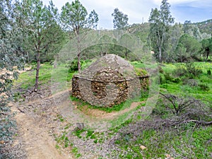 Aerial drone view of old watermill named Azofil or Turnio Mill in the hiking route of the water mills along the