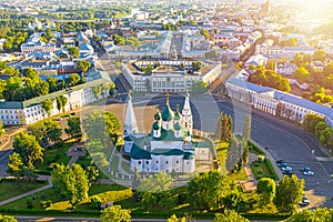 Aerial drone view of Orthodox Church of Elijah the Prophet and old city center in summer of Yaroslavl, Russia